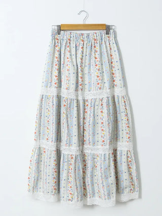 Floral print lace long skirt
