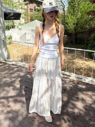 Floral print lace long skirt