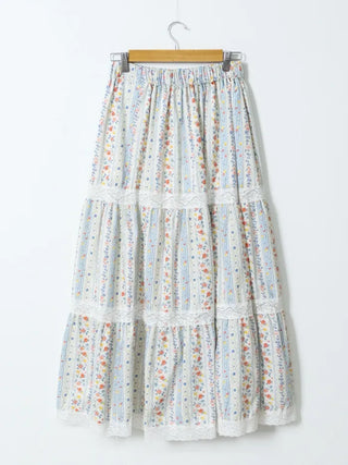 Floral print lace long skirt