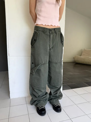 [2 colors] Button flap wide pants