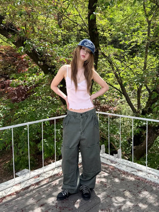 [2 colors] Button flap wide pants