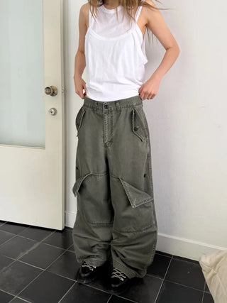 [2 colors] Button flap wide pants