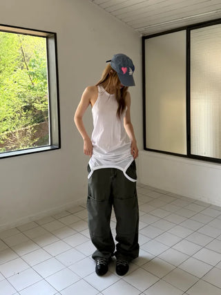 [2 colors] Button flap wide pants