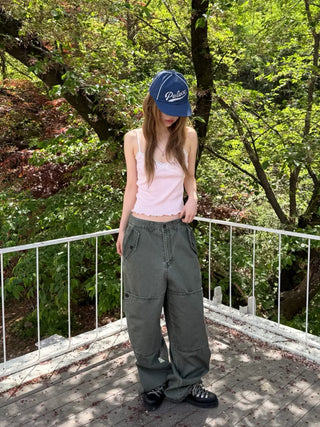 [2 colors] Button flap wide pants