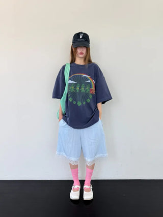 [3 colors] Clover Pigment Band Print Box Fit Short Sleeve Tee