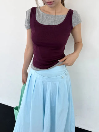 [3 colors] Double Waist Pleated Skirt