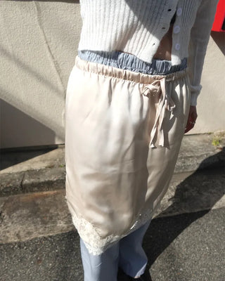 Satin elastic waist lace midi skirt