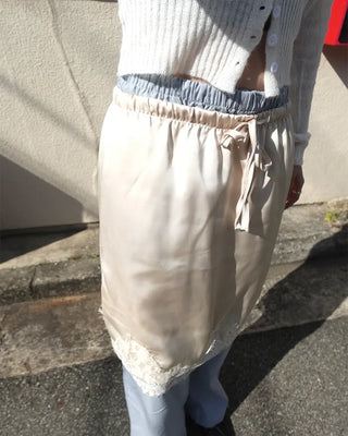 Satin elastic waist lace midi skirt