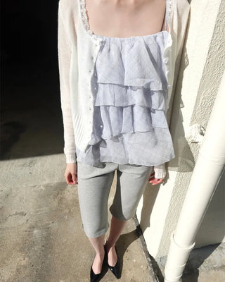 Cancan check tie set sleeveless blouse