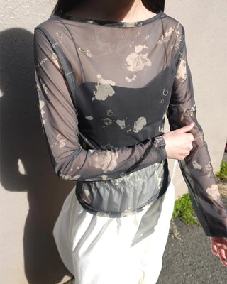Flower Mesh See-Through Long-Sleeve T-Shirt