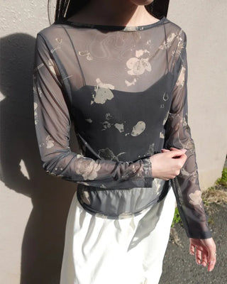 Flower Mesh See-Through Long-Sleeve T-Shirt