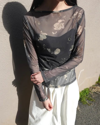 Flower Mesh See-Through Long-Sleeve T-Shirt