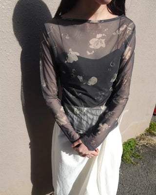 Flower Mesh See-Through Long-Sleeve T-Shirt