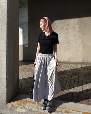 Drawstring pocket volume flared skirt