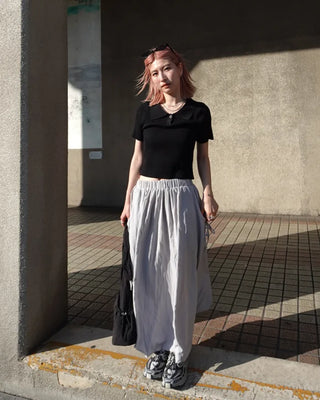 Polo neck semi-cropped ribbed knit T-shirt