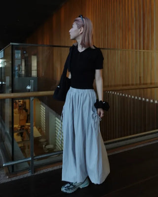 Polo neck semi-cropped ribbed knit T-shirt