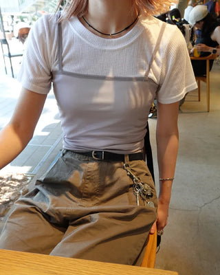 See-through ribbed half-length T-shirt