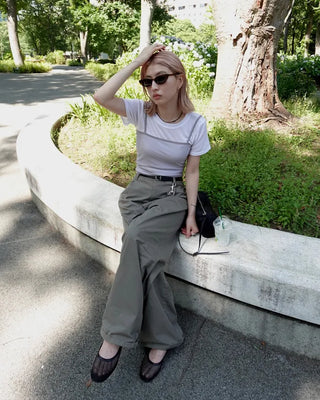 See-through ribbed half-length T-shirt