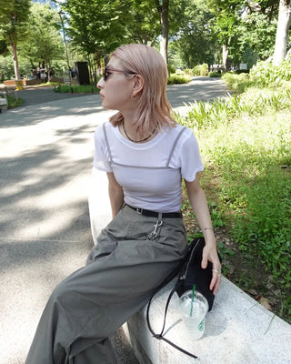 See-through ribbed half-length T-shirt