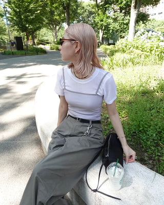 See-through ribbed half-length T-shirt