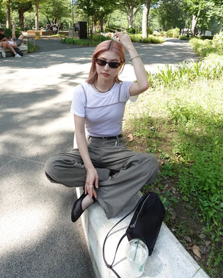 See-through ribbed half-length T-shirt