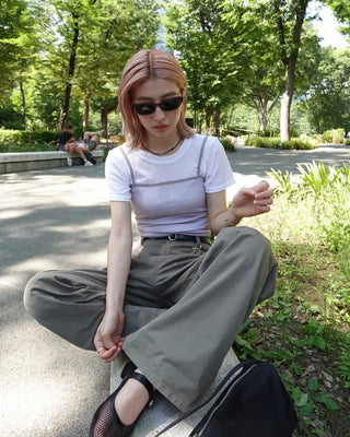 See-through ribbed half-length T-shirt