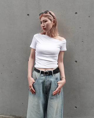 Asymmetrical Neck Slim Half T-Shirt