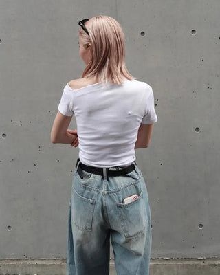 Asymmetrical Neck Slim Half T-Shirt