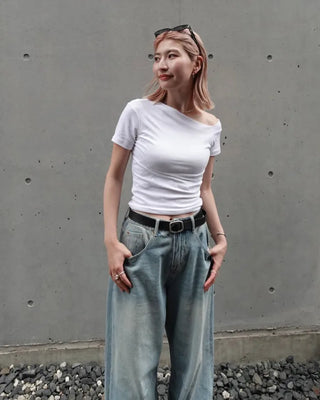 Asymmetrical Neck Slim Half T-Shirt