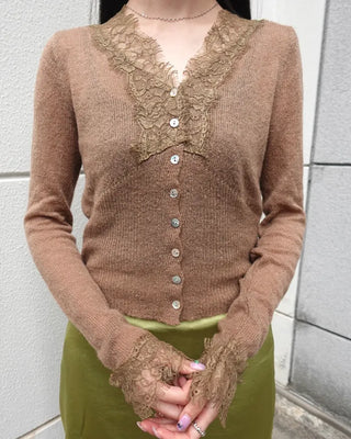 Lace-point V-neck cardigan
