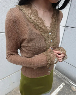 Lace-point V-neck cardigan