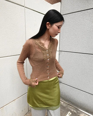 Lace-point V-neck cardigan
