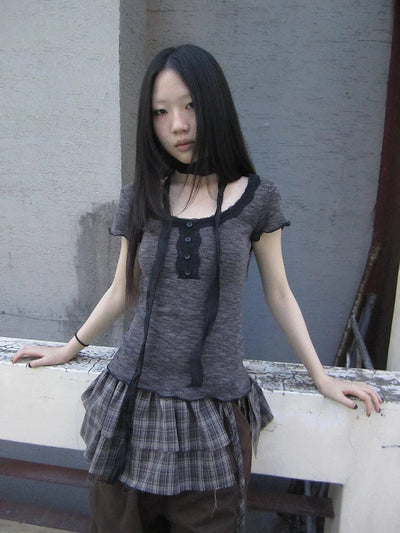 Vintage Lace Trim Contrast Color Tee With Scarf