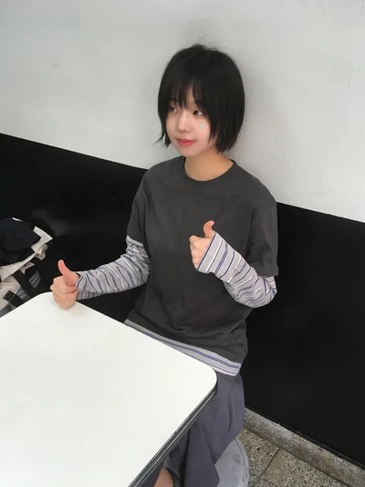 (2 colors) Striped Layered T-shirt