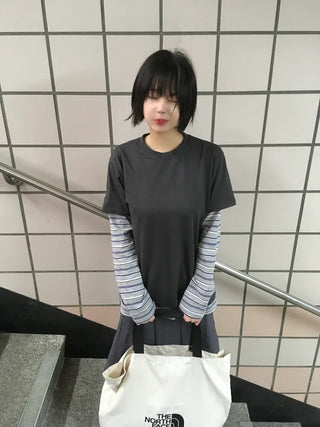 (2 colors) Striped Layered T-shirt