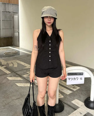 [2 colors] Striped halter neck pants set