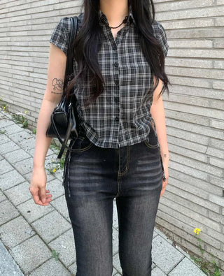 [2 colors] Check String Shirring Shirt
