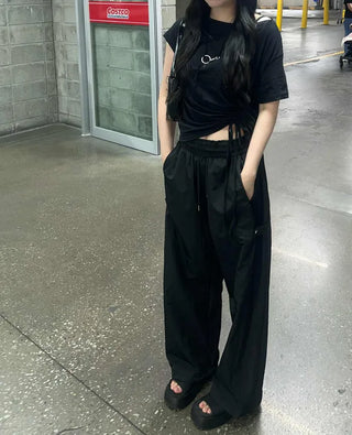 [3 colors] Snap Button String Cooling Training Nylon Wide Pants