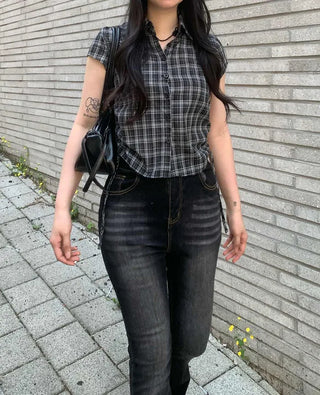 [2 colors] Check String Shirring Shirt