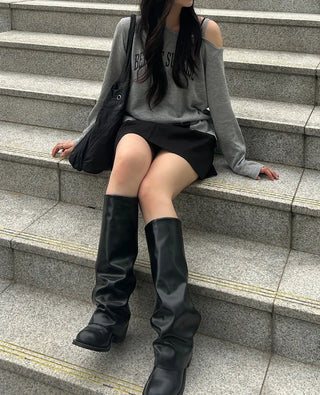 [Belt Set] Off-Shoulder Lettering Knit