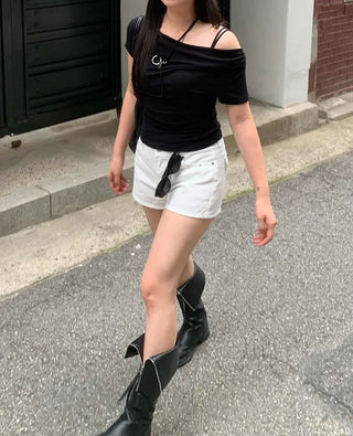 [4 colors] Shirred Off-Shoulder Drape T-Shirt