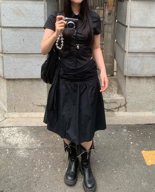 [3 colors] Button-up flared midi skirt