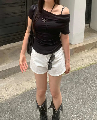 [4 colors] Shirred Off-Shoulder Drape T-Shirt