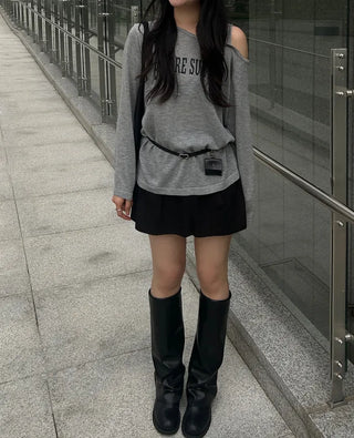[Belt Set] Off-Shoulder Lettering Knit