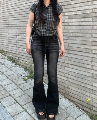 [2 colors] Check String Shirring Shirt