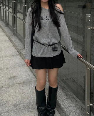 [Belt Set] Off-Shoulder Lettering Knit