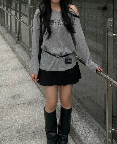 [Belt Set] Off-Shoulder Lettering Knit