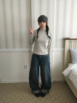 (3 colors) Roll-up denim pants