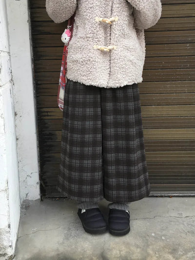 (2 colors) Fleece-lined check pattern mid-length pants
