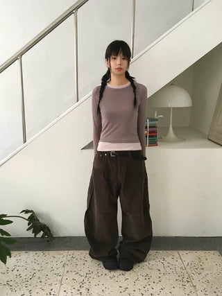 Curved corduroy wide-leg pants